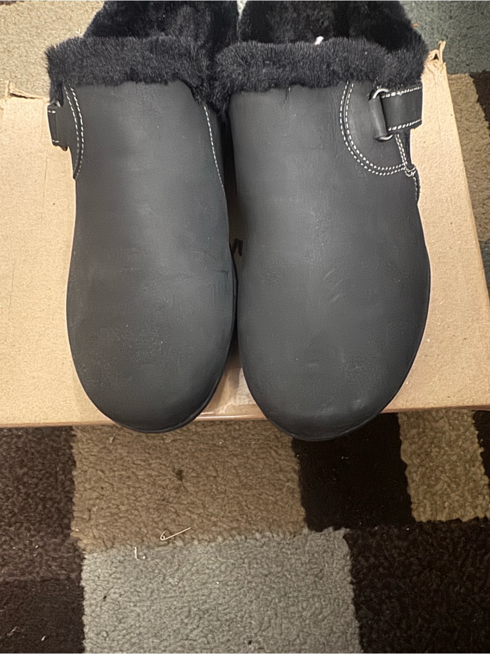 Clarks Black Faux Fur Trim Slip-On Clogs with Buckle Accent